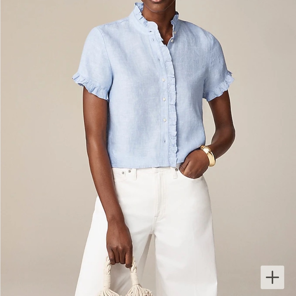 J. Crew ruffle trim button up linen shirt
